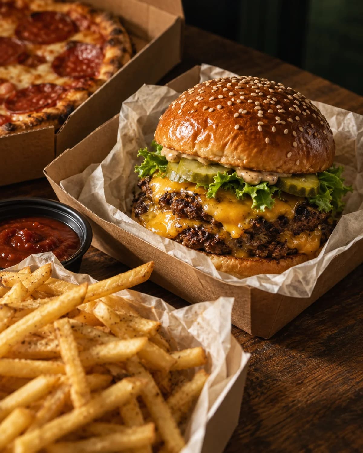 Freshly prepared burger, golden chips and pizza in takeaway packaging